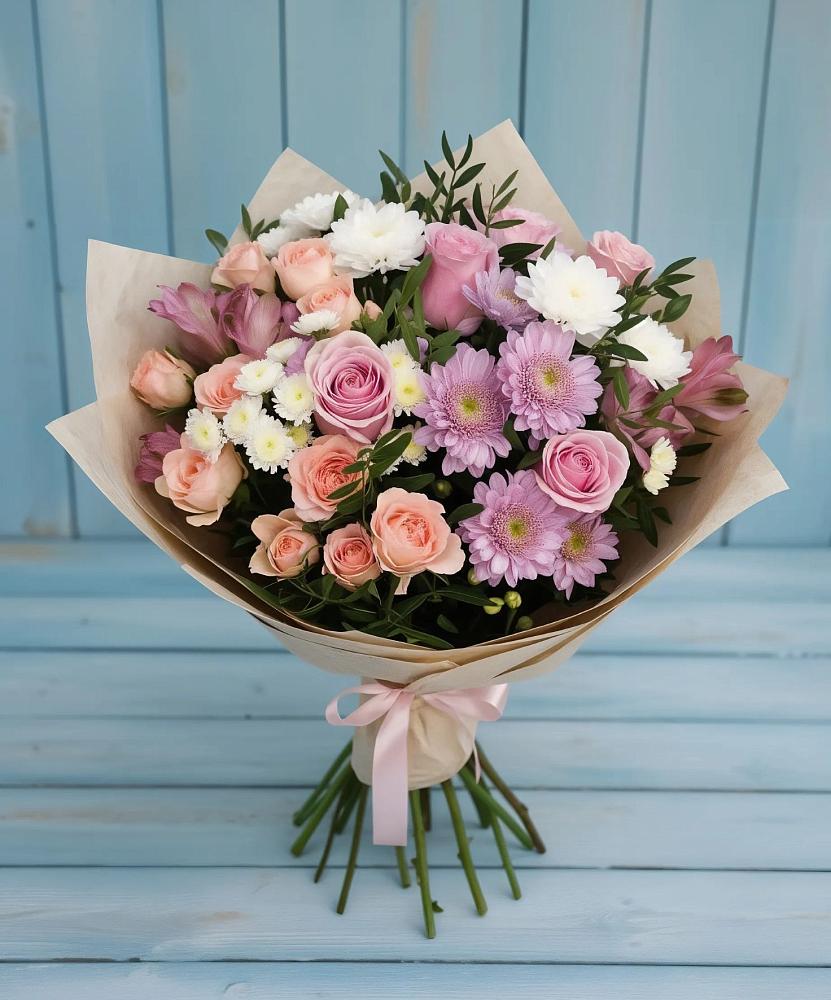 Букет цветов из: Хризантемы, Розы и Альстромерии в Мещерино