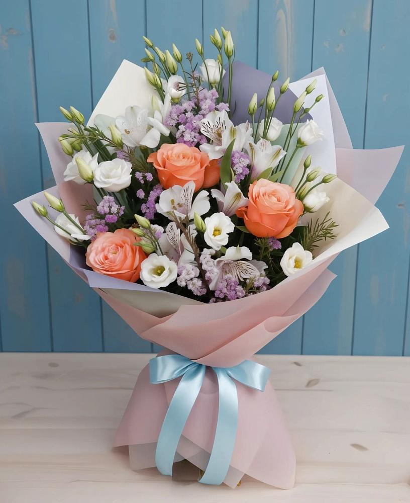 Букет цветов из: Лизиантусы, Розы, Альстромерии и Гипсофила в Мещерино