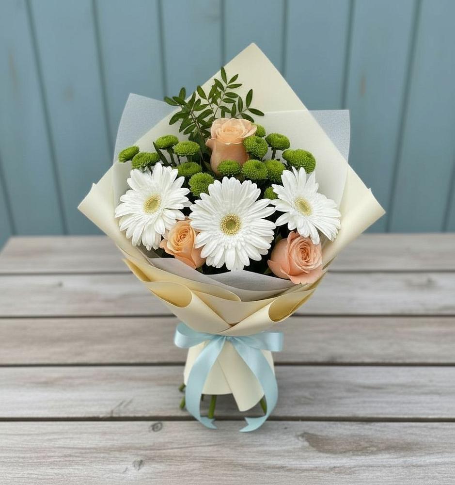 Букет цветов из: Герберы, Розы и Хризантемы в Мещерино