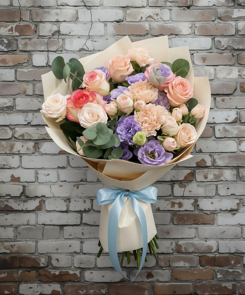 Букет цветов из: Розы, Лизиантусы и Гвоздики в Мещерино