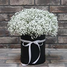Цветочная композиция из Гипсофила в шляпной коробке в Мещерино