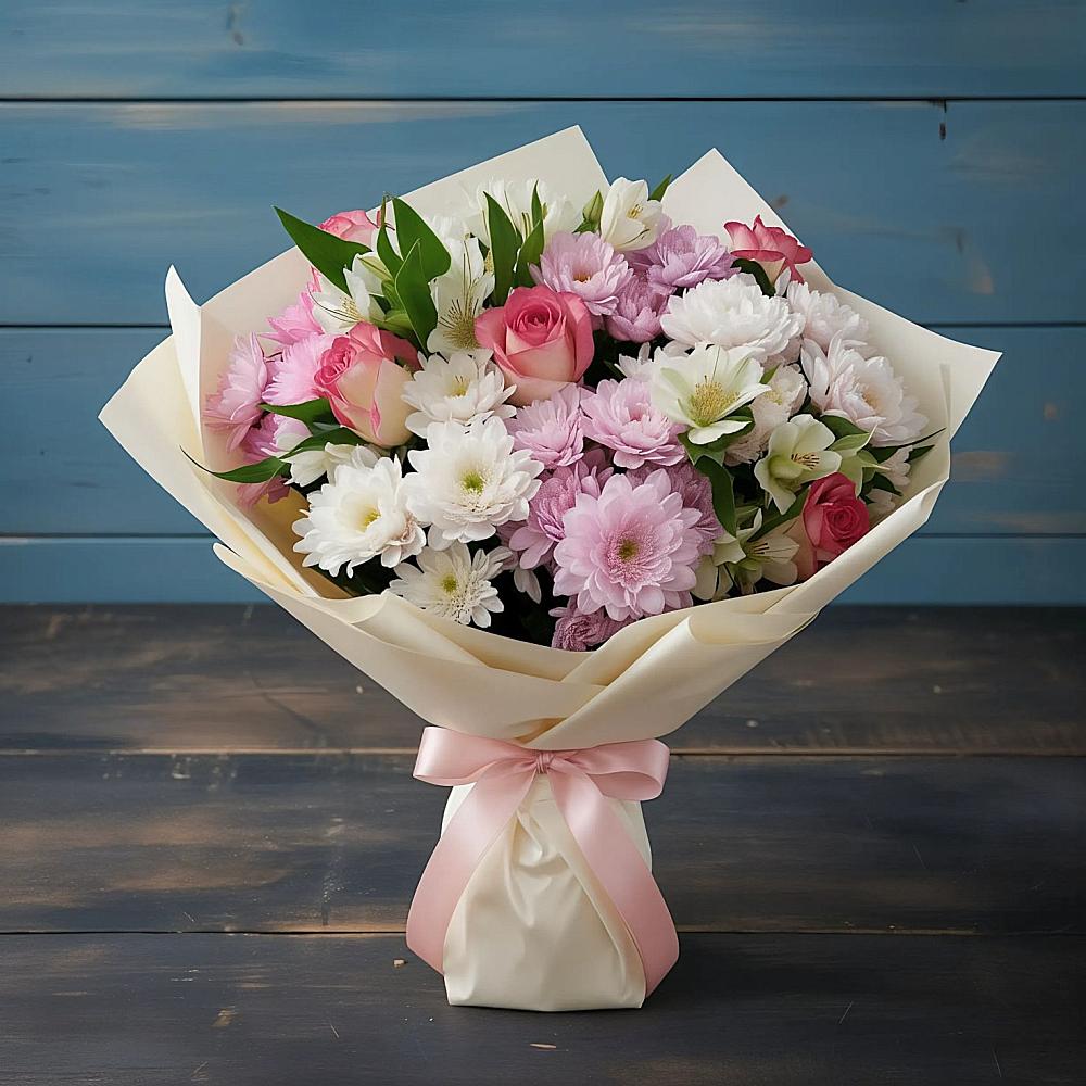 Букет цветов из: Хризантемы, Альстромерии и Розы в Мещерино